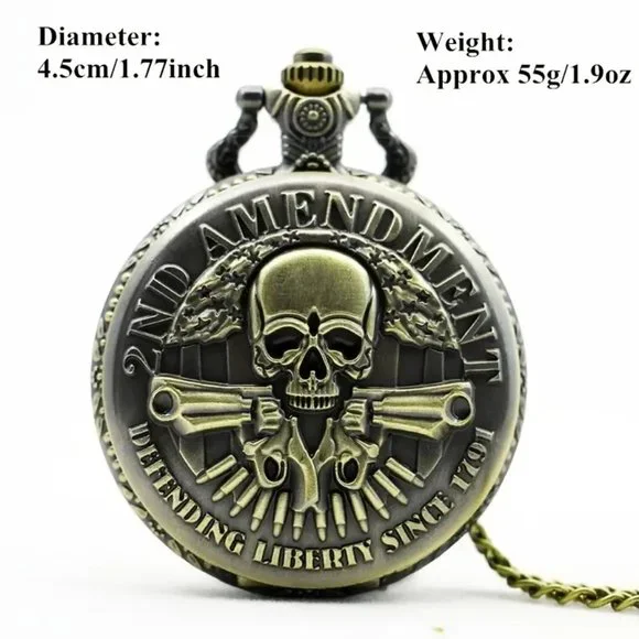 Skull Gun Cards Vintage Bronze Pocket Watch with Chain Necklace - Picture 4 of 7